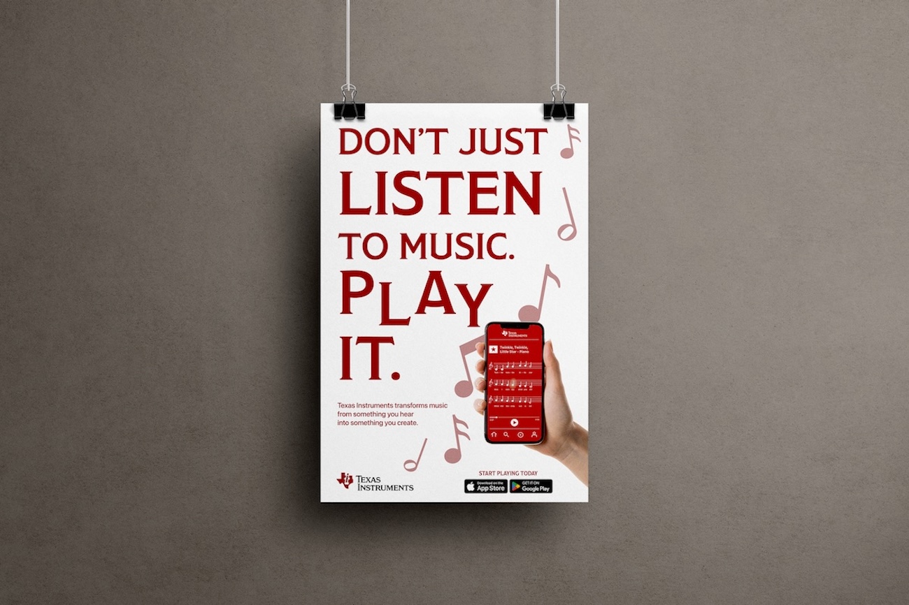 Texas Instruments SyncPlay campaign poster displayed in a mockup