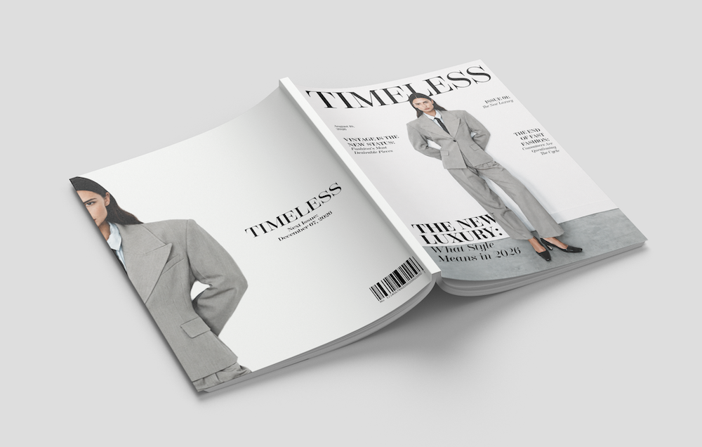 Timeless Magazine editorial magazine front and back cover mockup